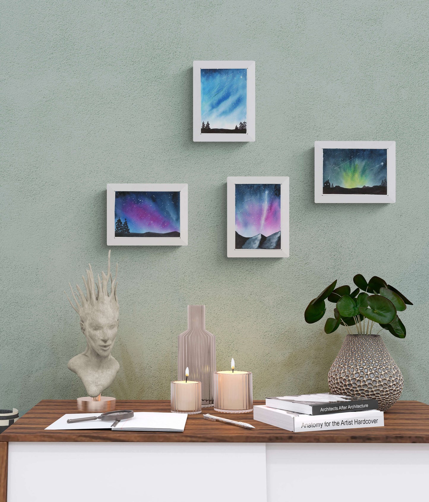 Galaxy, nebula and starry night landscape watercolor, set of 4