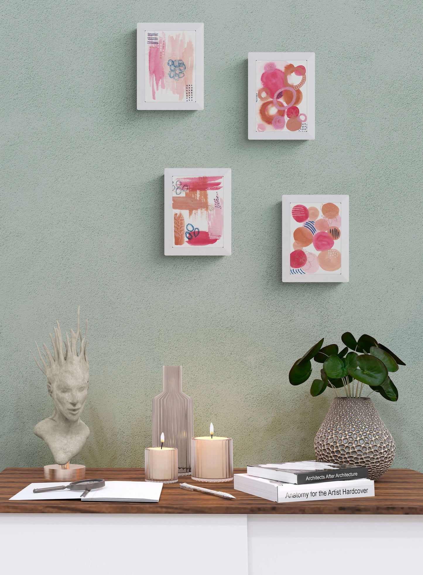 Abstract hand painted original watercolor paintings 5x7, small set of 4 paintings, small wall gallery art, abstract wall art - Carved Effects