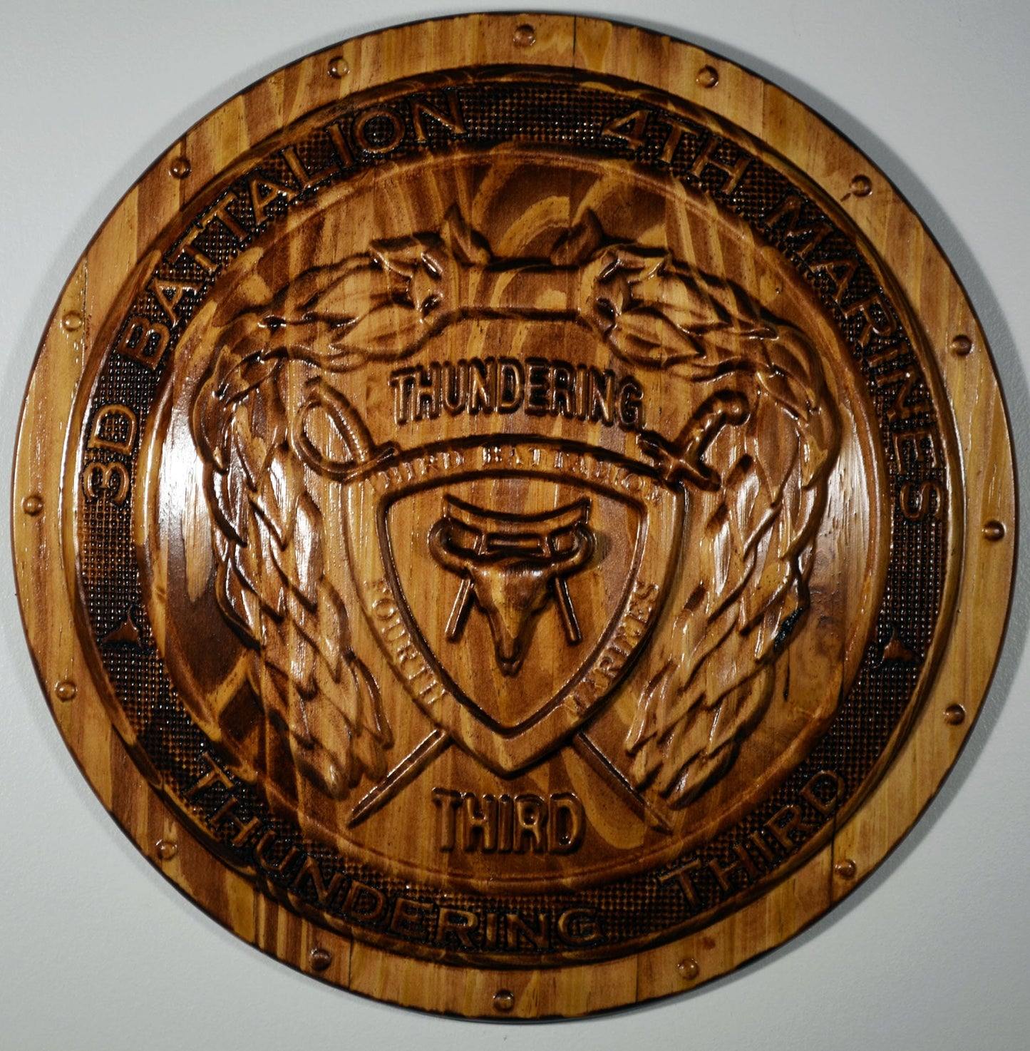 USMC 3rd Battalion 4th Marines, Thundering Third, Marine Corps, 3d wood carving, military plaque