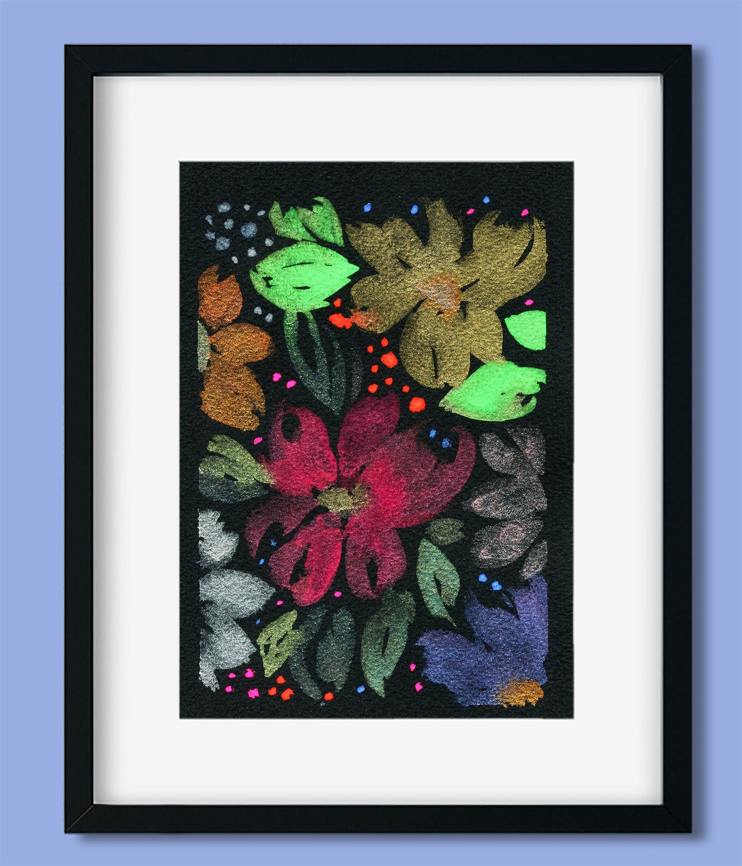 Neon and metallic flowers original watercolor painting on 5x7 black paper, unique hand painted wall decor on paper ready to frame