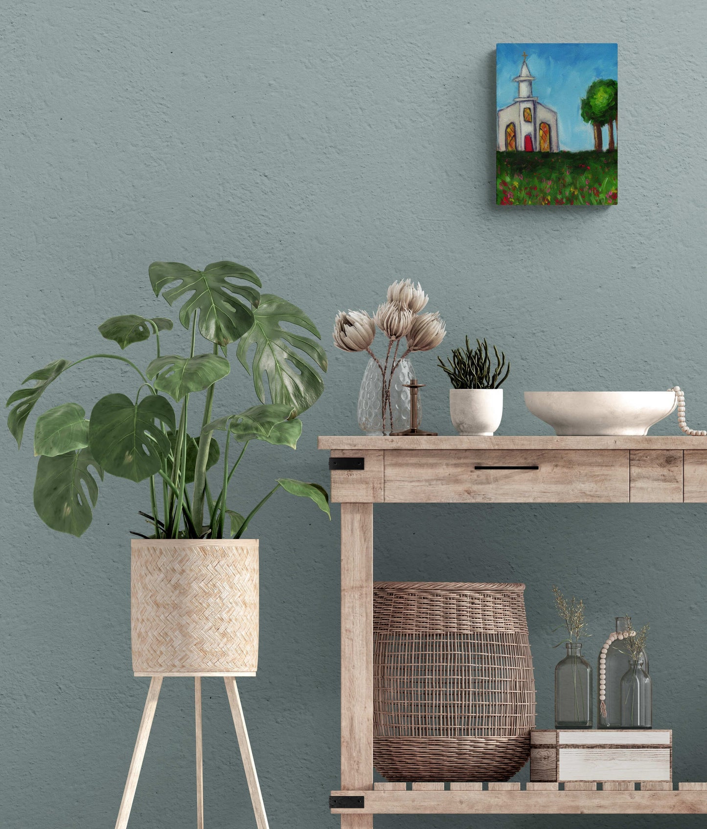 Church and flower field hand painted acrylic painting on canvas 9x12, impressionism original painting ready to hang, canvas wall art - Carved Effects