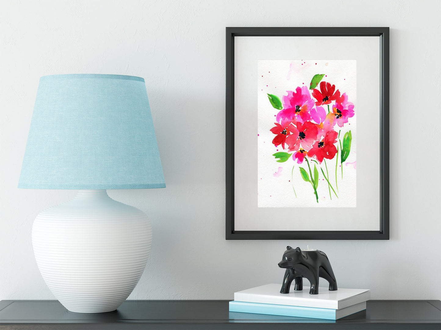 Vibrant pink poppy hand painted watercolor painting 9x12, ready to frame original watercolor painting wall art