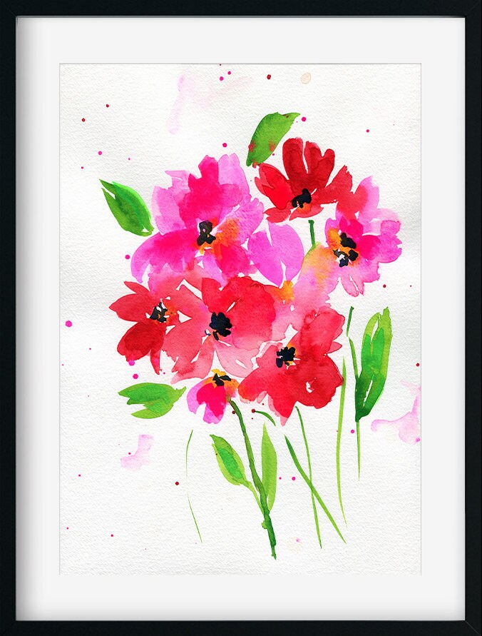 Vibrant pink poppy hand painted watercolor painting 9x12, ready to frame original watercolor painting wall art