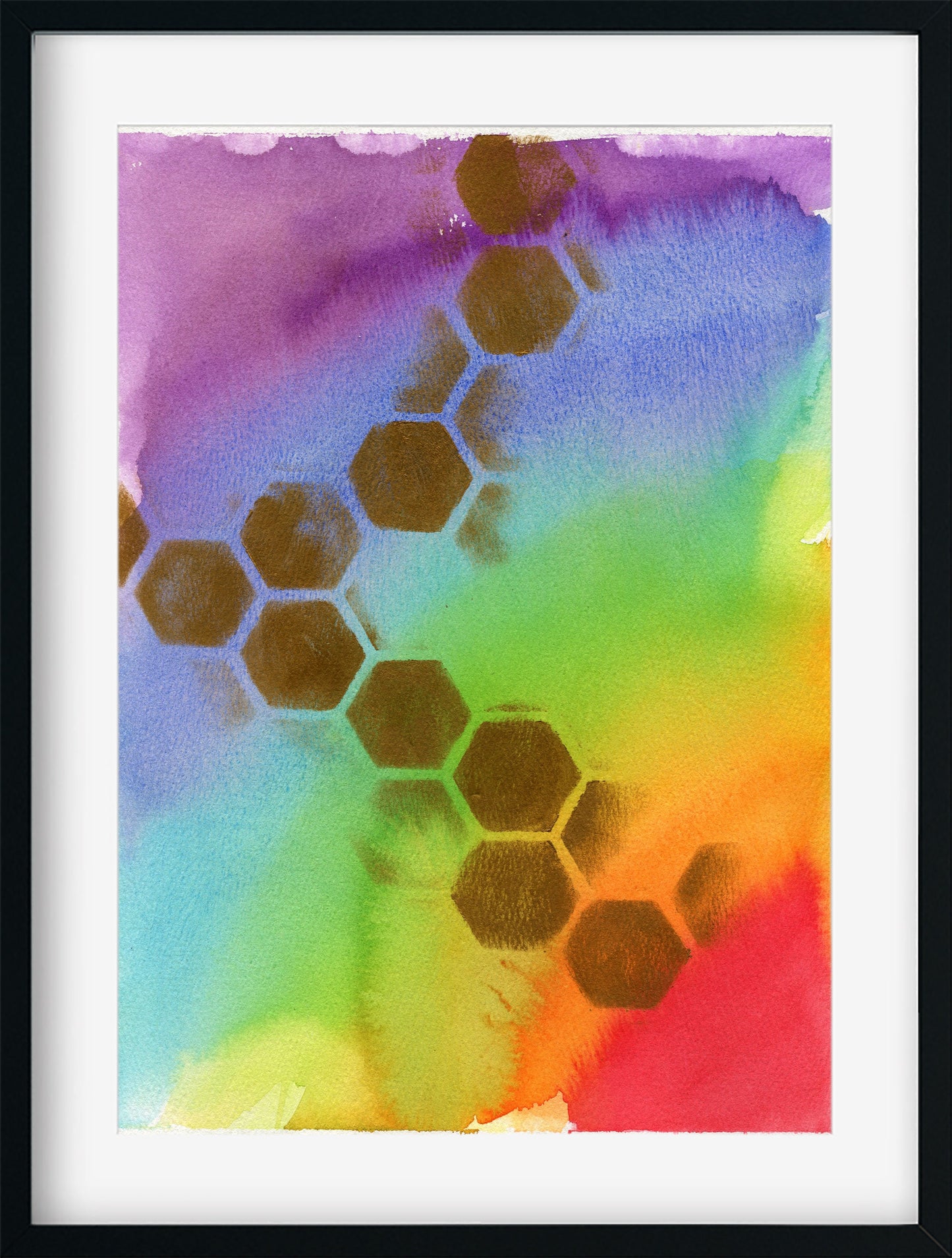 Gold honeycomb and rainbow original hand painted watercolor painting 9x12, feel good wall art, celebrate pride home decor