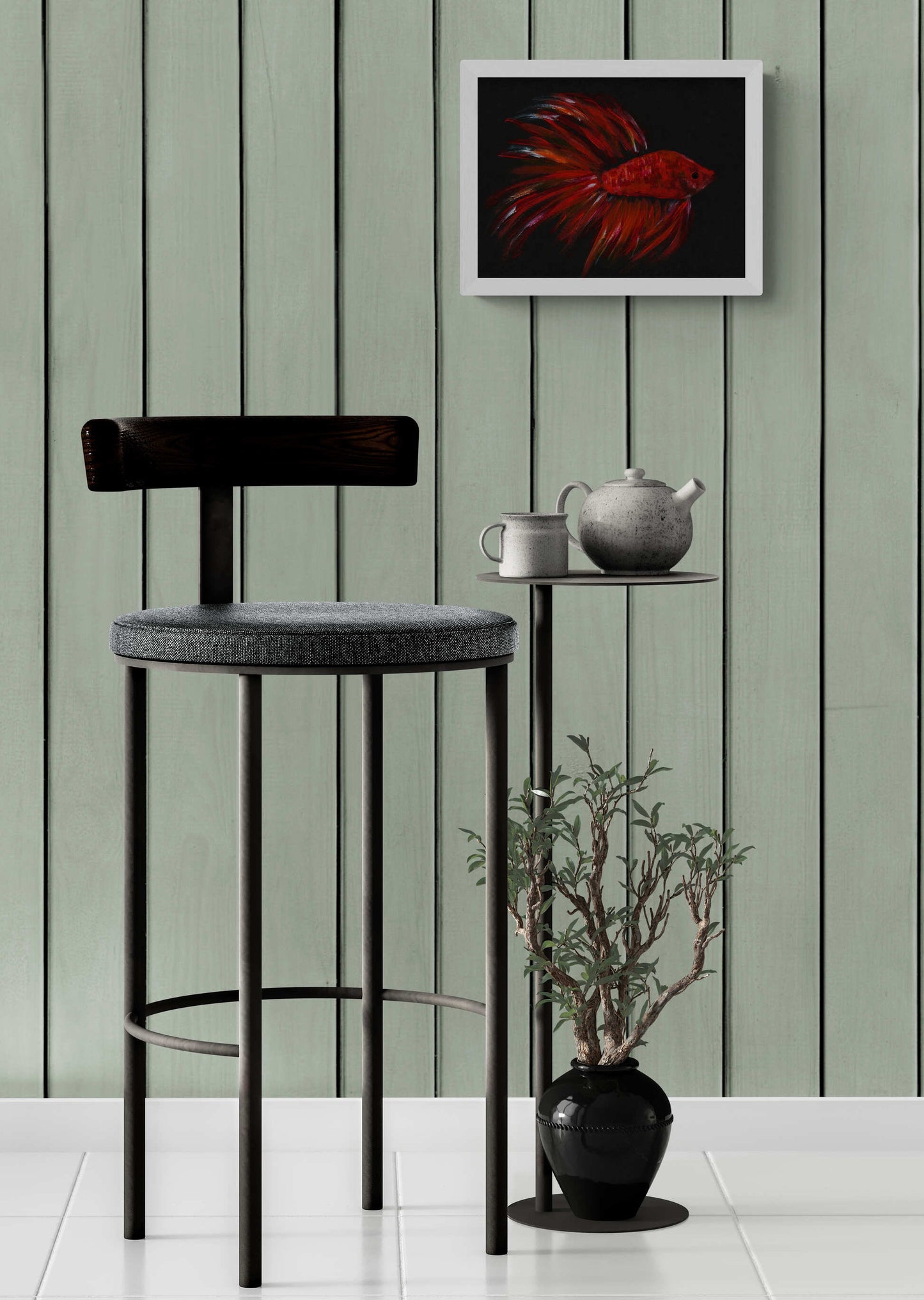 Betta fish, red and orange acrylic painting on black paper 9x12, fish wall art, Japanese fighting fish painting, original artwork - Carved Effects