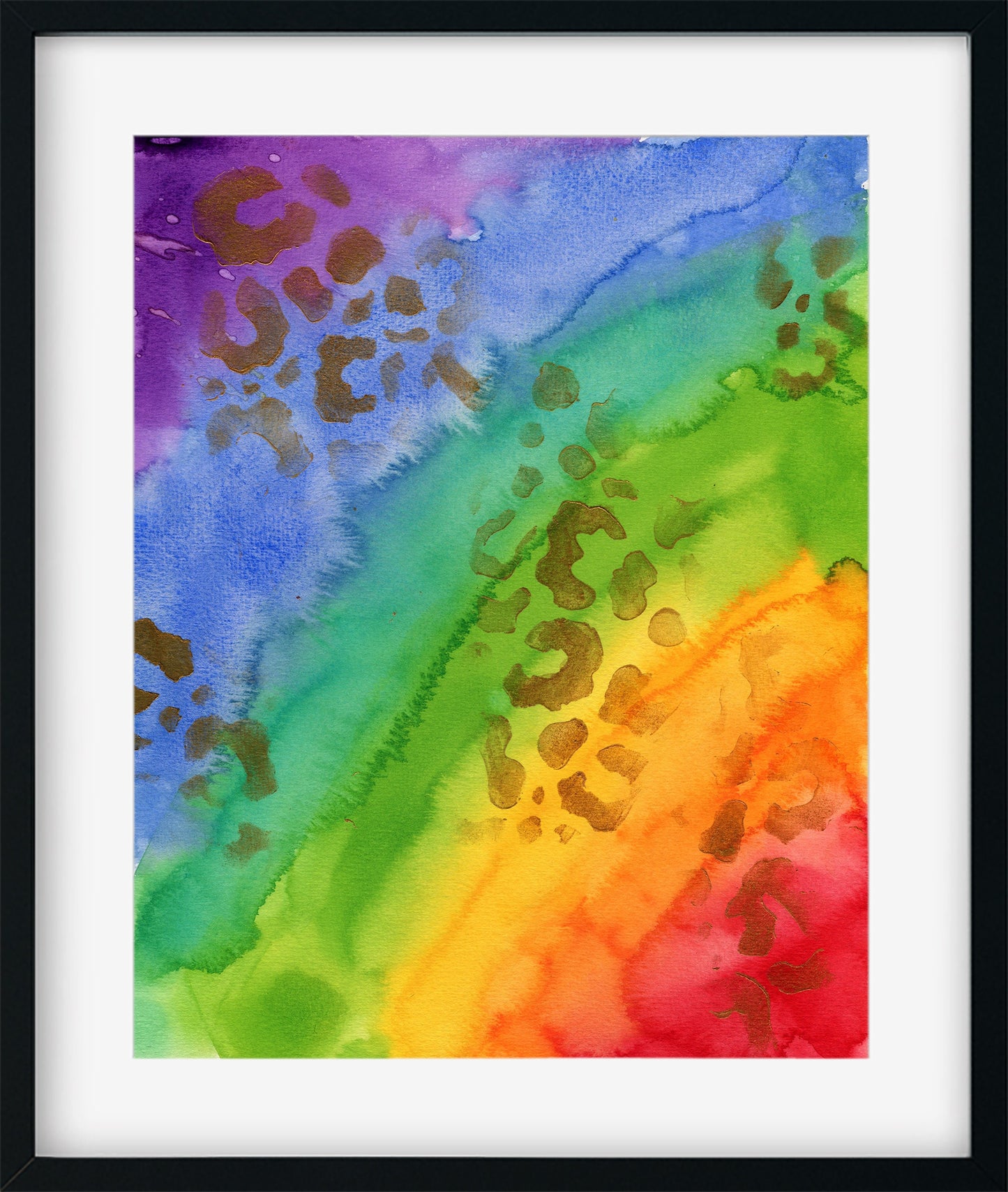 Gold leopard print and rainbow original hand painted watercolor painting 8x10, feel good wall art, celebrate pride home decor