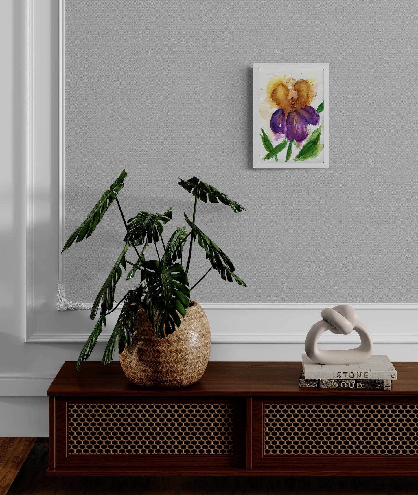 Purple and yellow Iris hand painted watercolor painting 9x12, floral wall decor, original botanical artwork