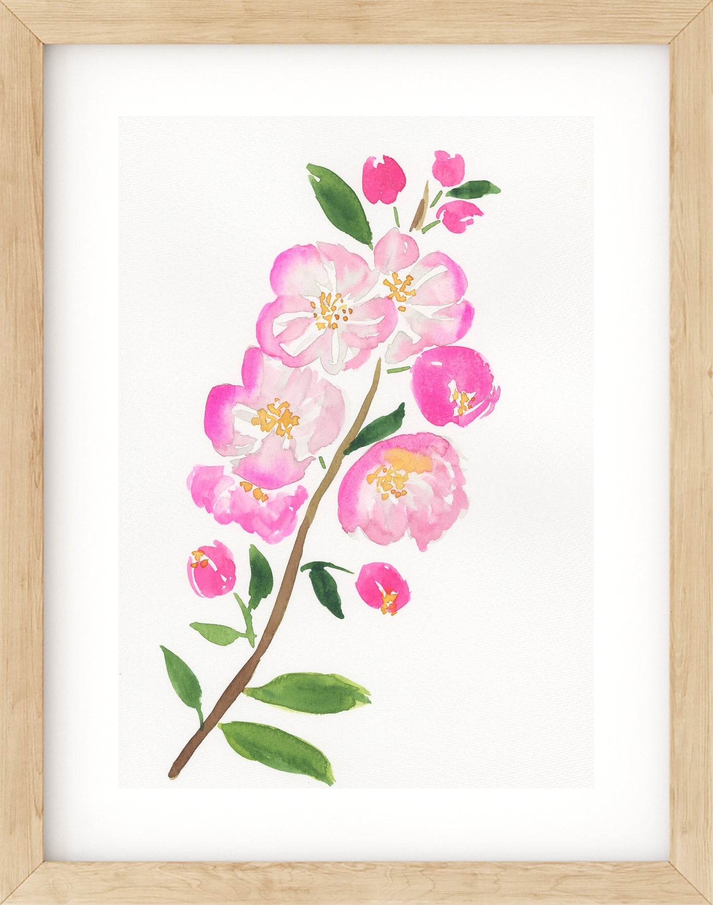 Apple blossom stem hand painted watercolor painting 9x12, original wall art for home decor, bright pink nursery wall art - Carved Effects