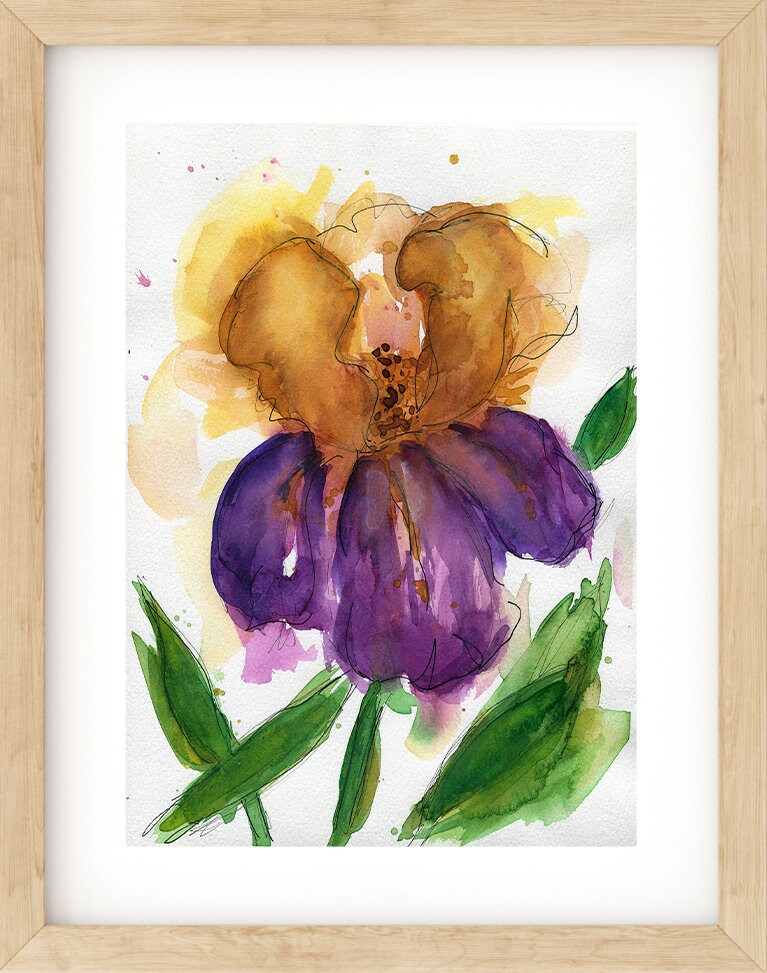 Purple and yellow Iris hand painted watercolor painting 9x12, floral wall decor, original botanical artwork