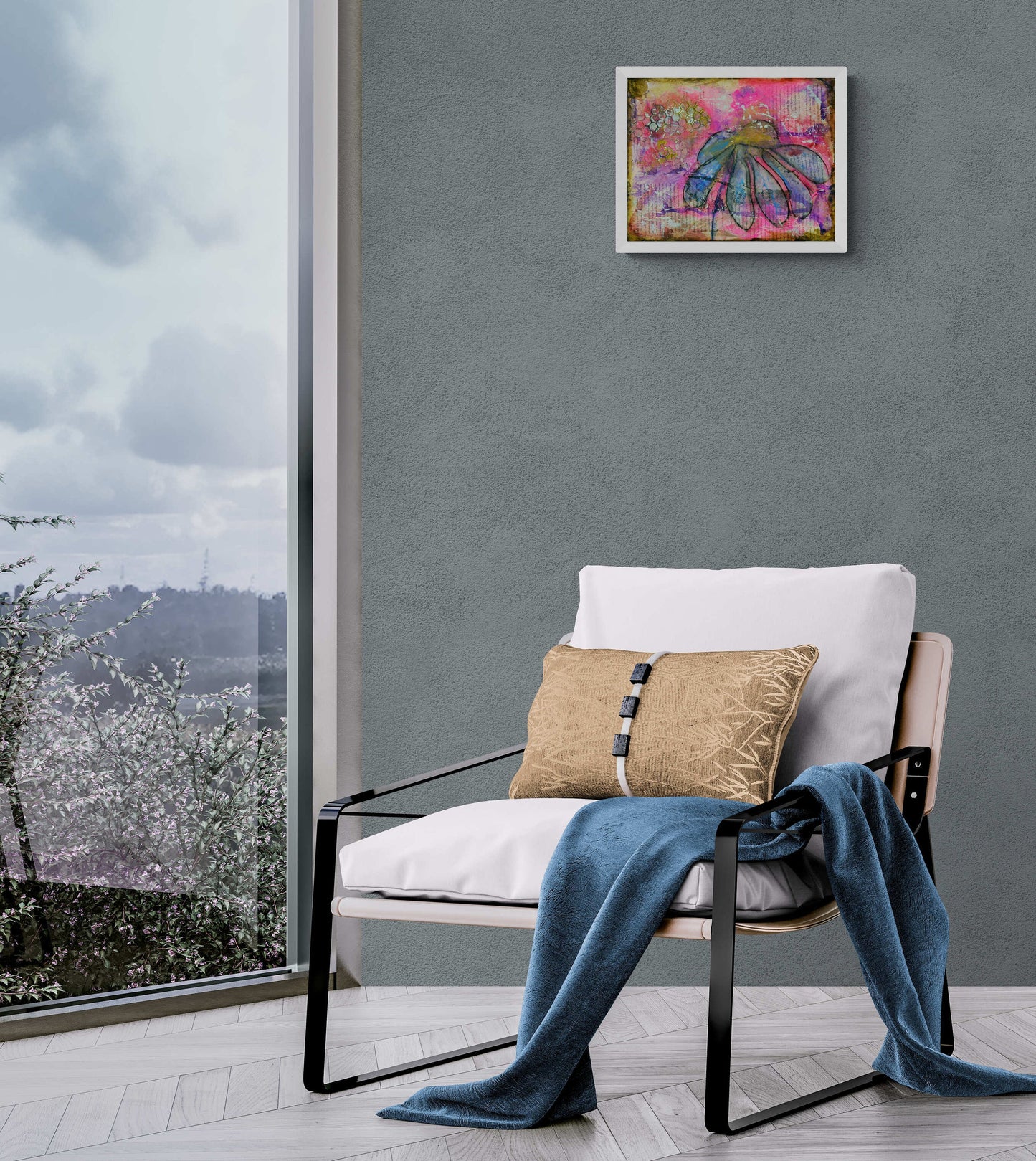 Abstract flower garden hand painted mixed media painting on canvas panel 11x14, original pink and blue art acrylic and watercolor painting - Carved Effects