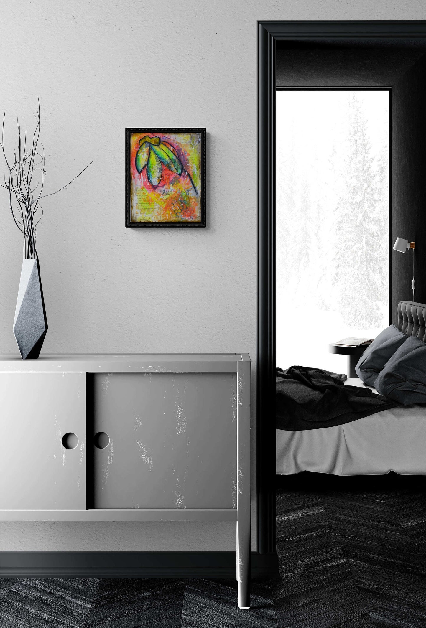 Abstract flower garden hand painted mixed media painting on canvas panel 11x14, original neon art acrylic and watercolor painting - Carved Effects