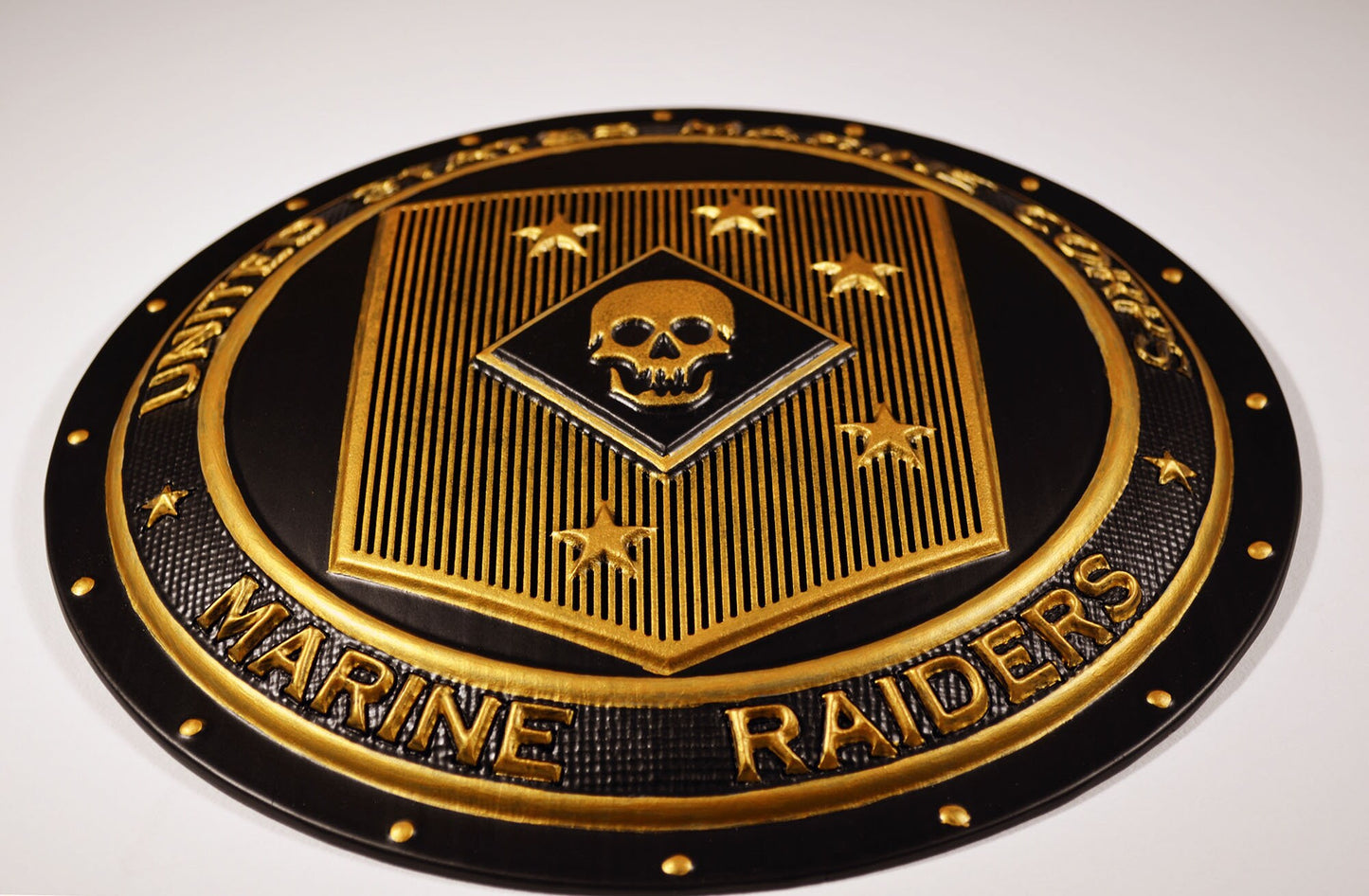 USMC Marine Raiders Gold Black Shield 12", 3d wood carving, military plaque