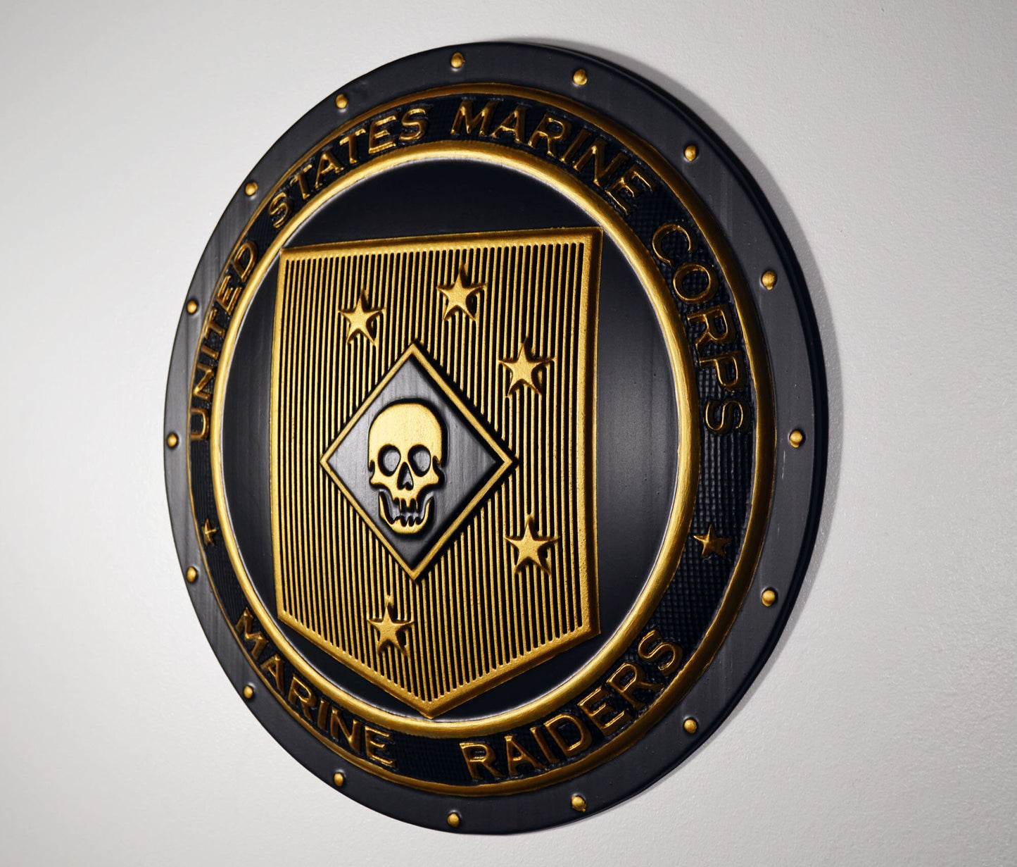 USMC Marine Raiders Gold Black Shield 12", 3d wood carving, military plaque