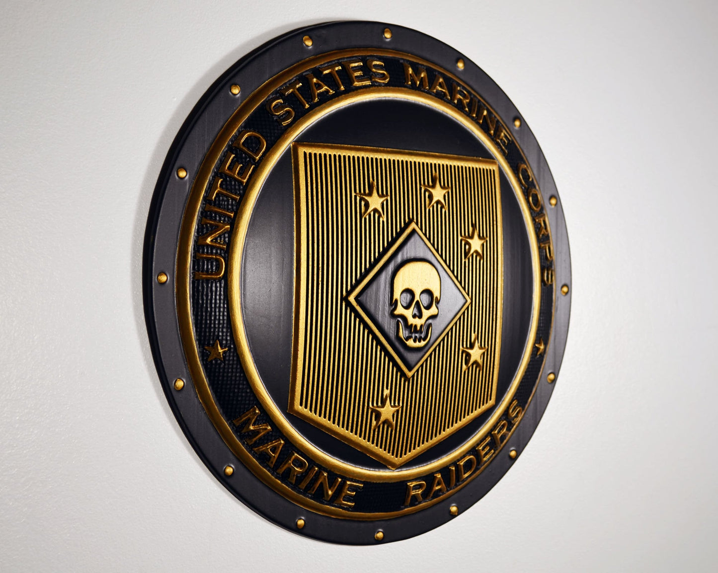 USMC Marine Raiders Gold Black Shield 12", 3d wood carving, military plaque