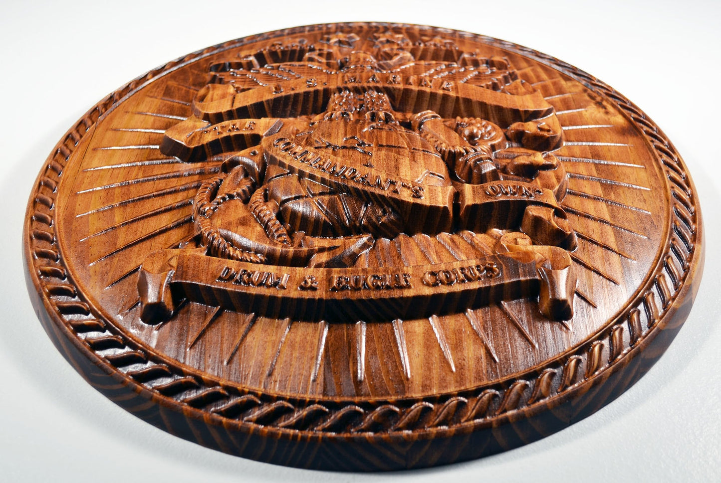 USMC Drum & Bugle Corps, 3d wood carving, military plaque