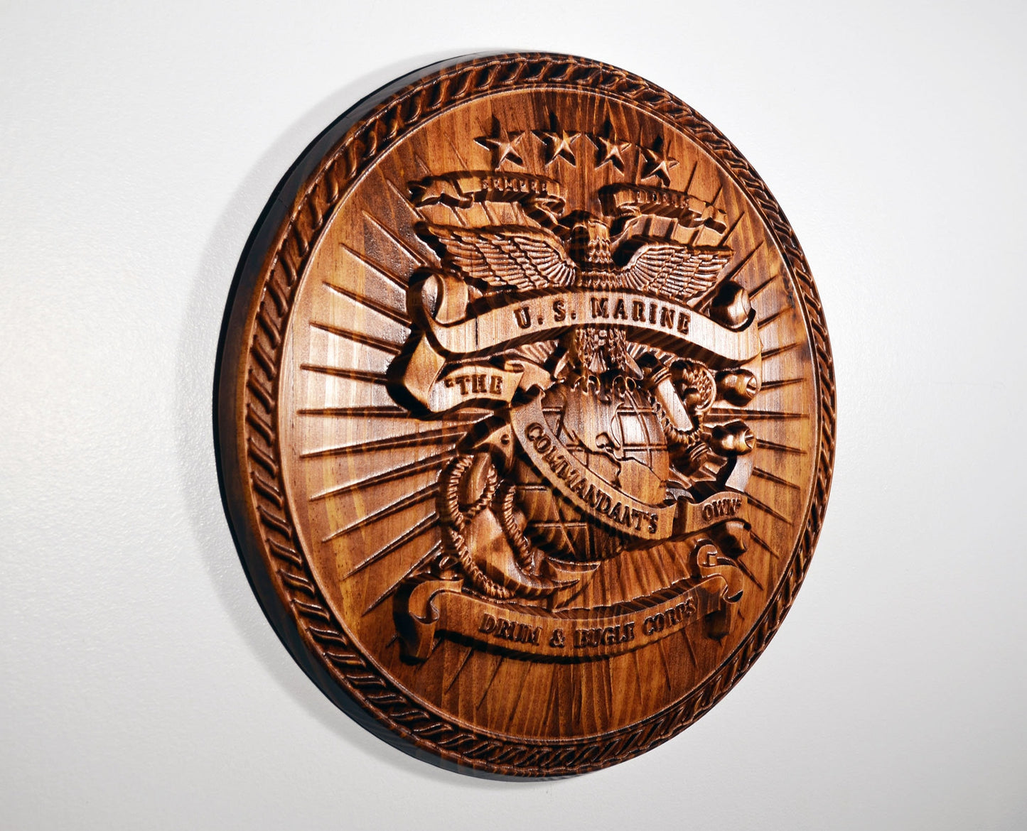 USMC Drum & Bugle Corps, 3d wood carving, military plaque