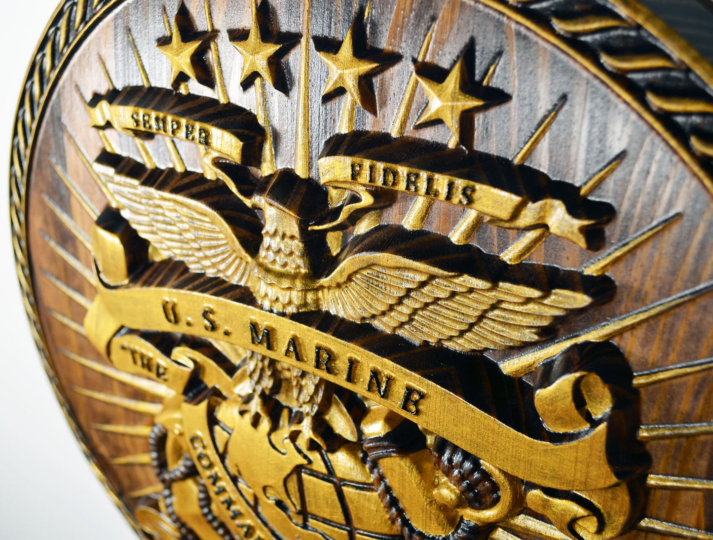 USMC Drum & Bugle Corps, Java Gold 3d wood carving, military plaque