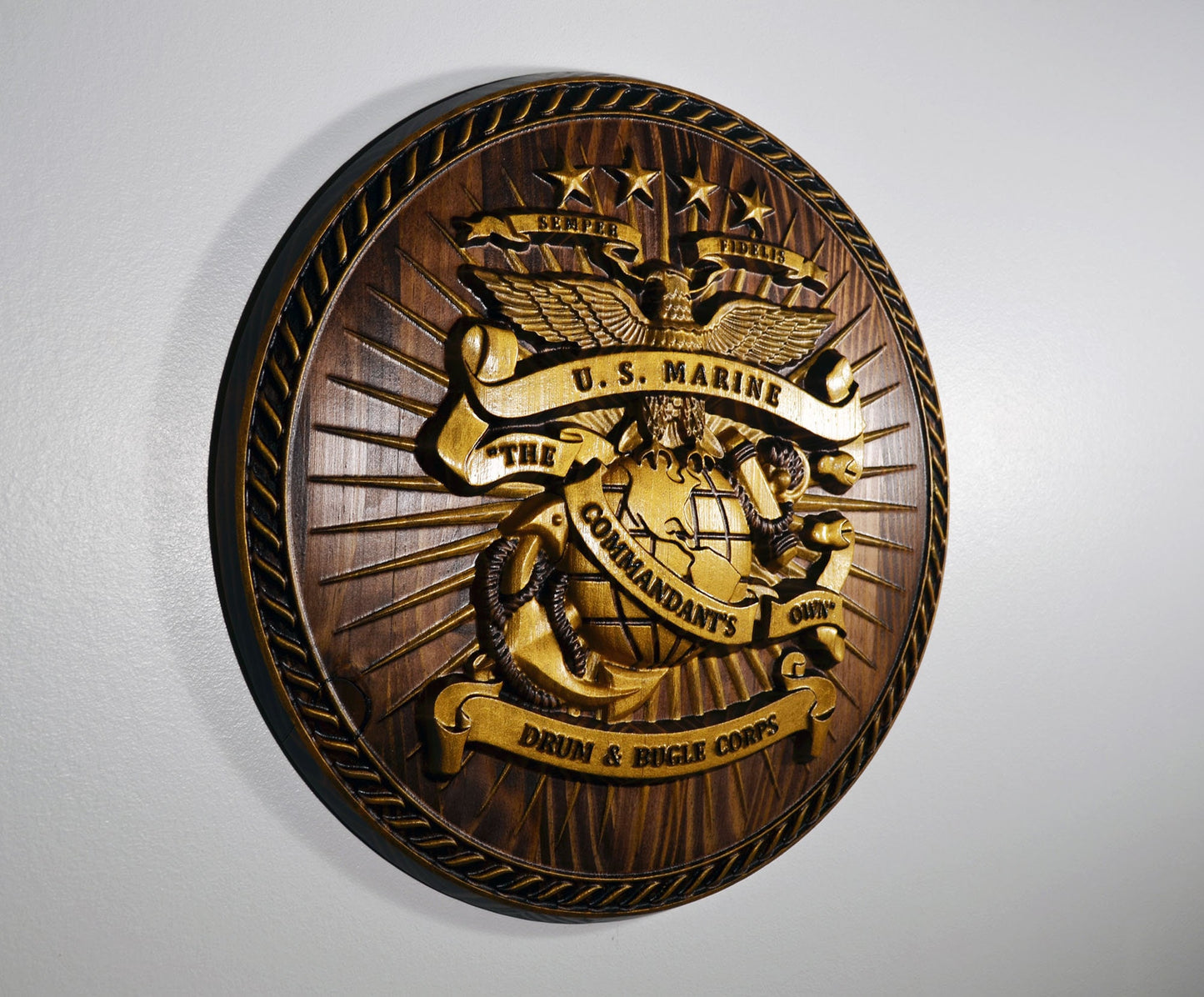 USMC Drum & Bugle Corps, Java Gold 3d wood carving, military plaque