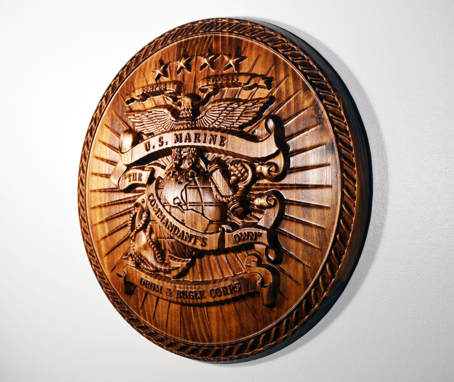 USMC Drum & Bugle Corps, 3d wood carving, military plaque