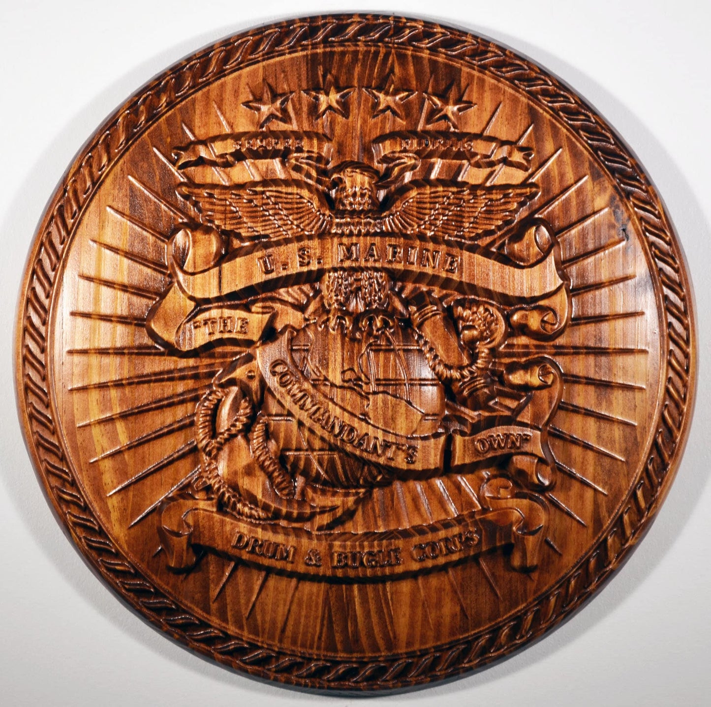 USMC Drum & Bugle Corps, 3d wood carving, military plaque