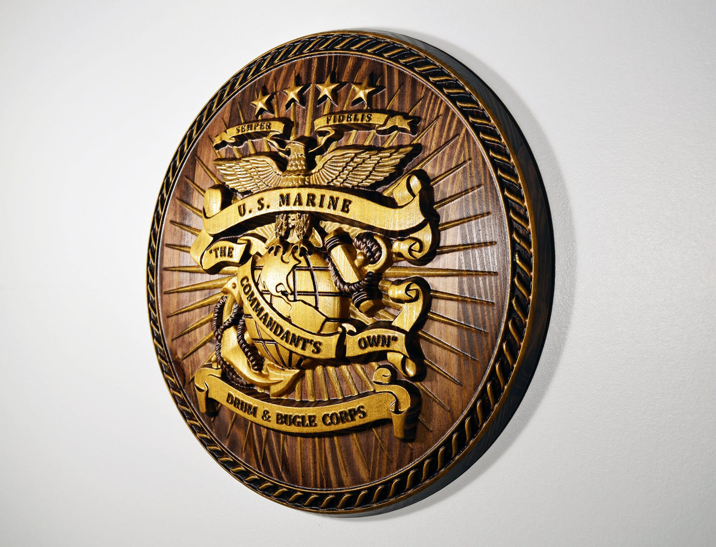 USMC Drum & Bugle Corps, Java Gold 3d wood carving, military plaque
