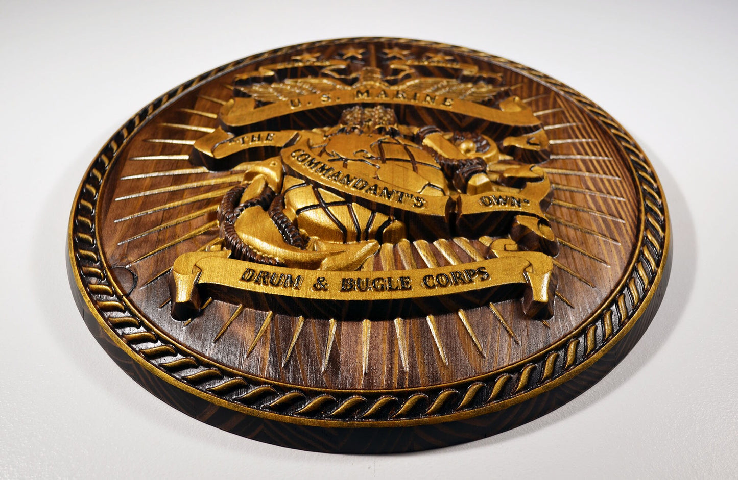USMC Drum & Bugle Corps, Java Gold 3d wood carving, military plaque