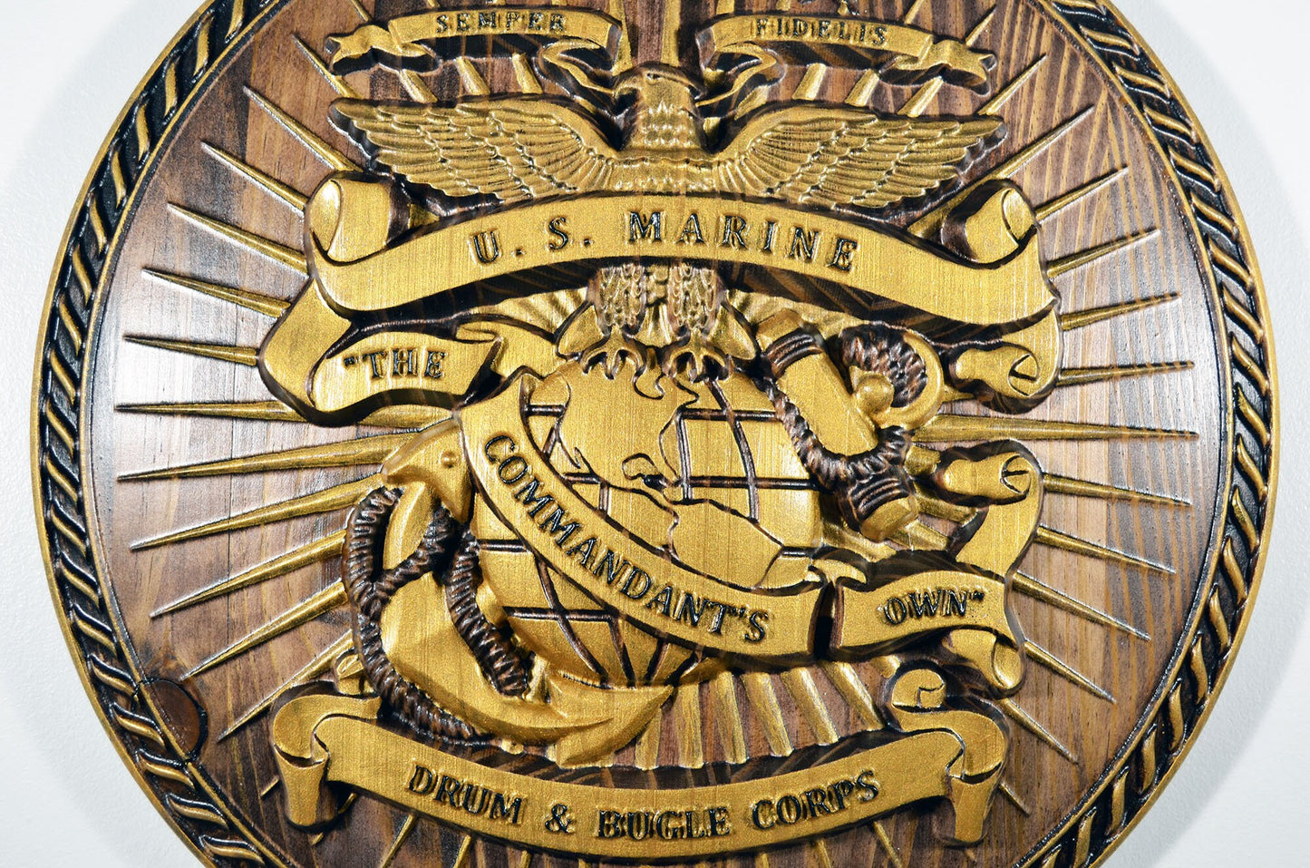 USMC Drum & Bugle Corps, Java Gold 3d wood carving, military plaque