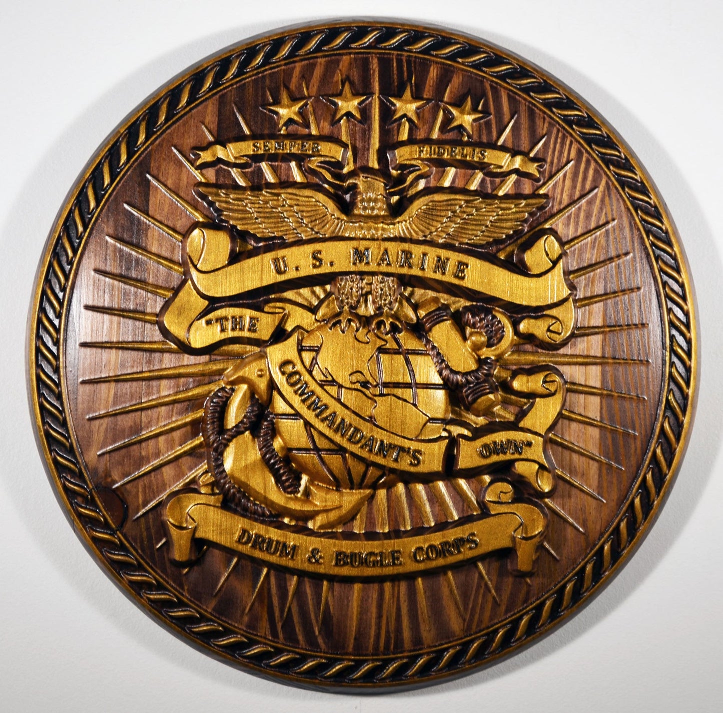 USMC Drum & Bugle Corps, Java Gold 3d wood carving, military plaque