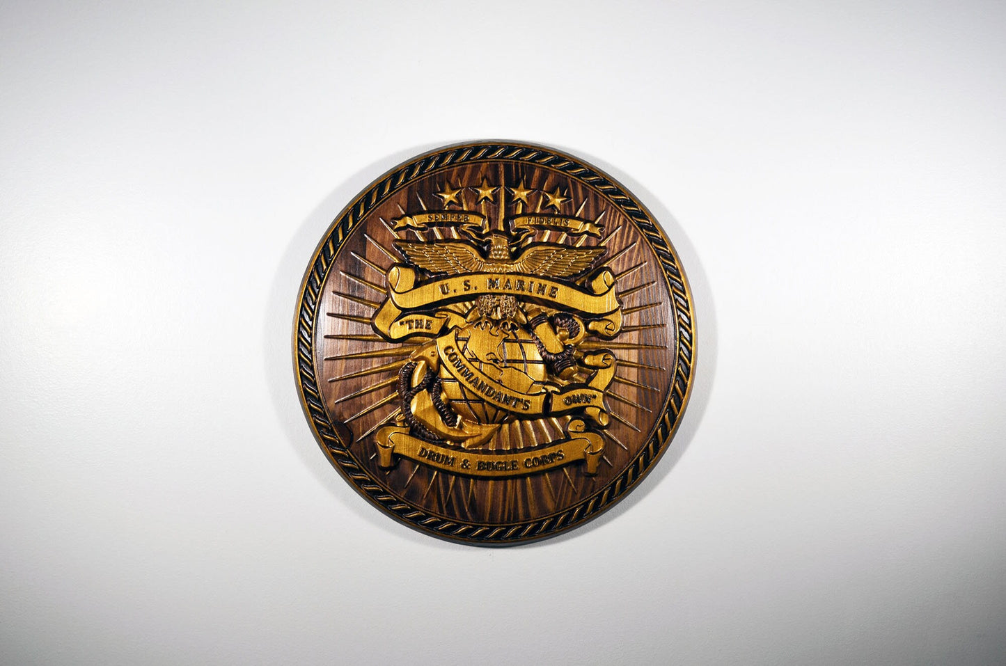 USMC Drum & Bugle Corps, Java Gold 3d wood carving, military plaque
