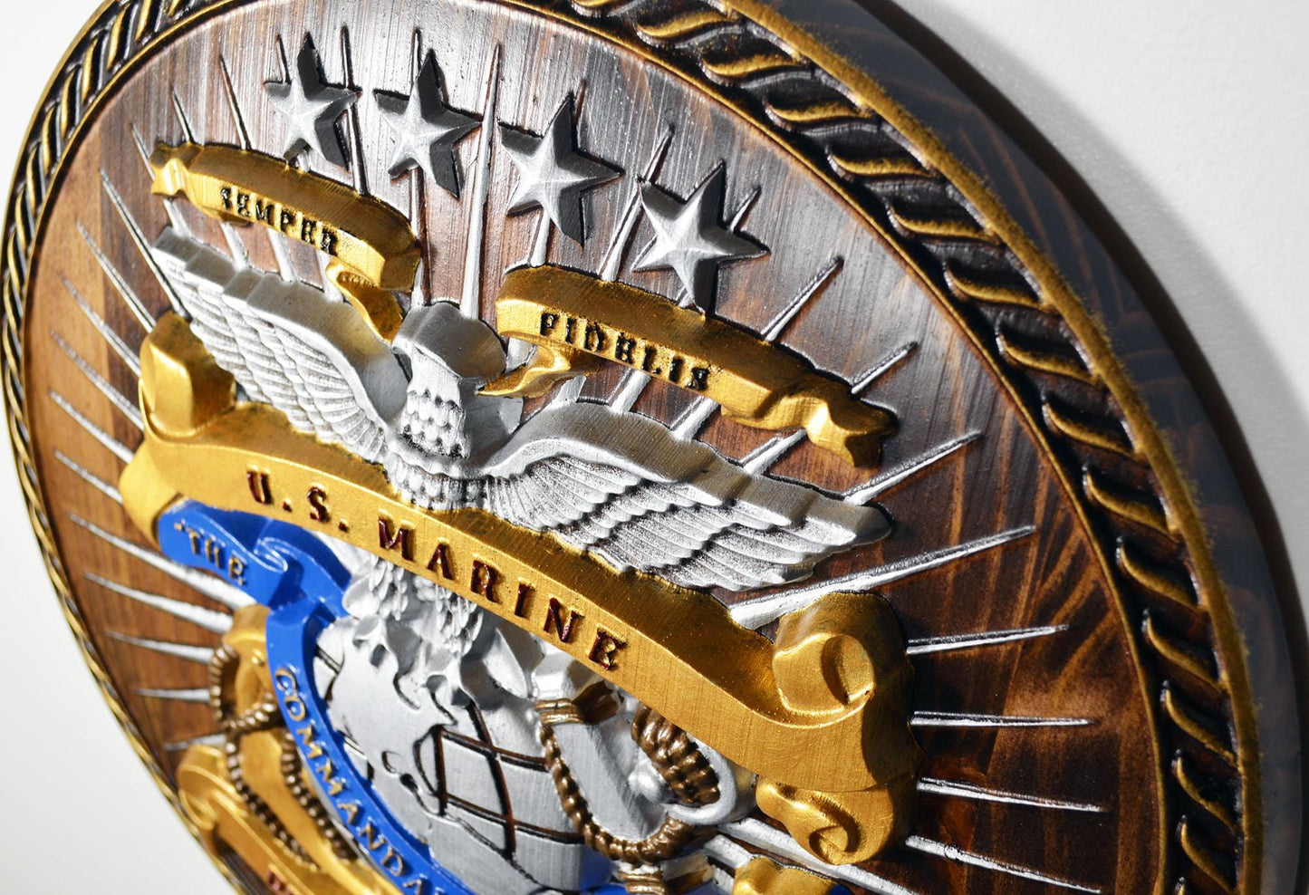 USMC Drum & Bugle Corps, Java Painted 3d wood carving, military plaque