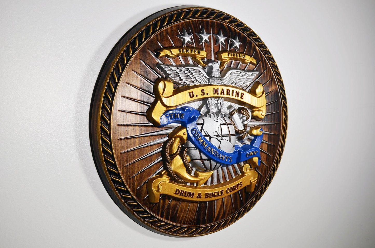 USMC Drum & Bugle Corps, Java Painted 3d wood carving, military plaque