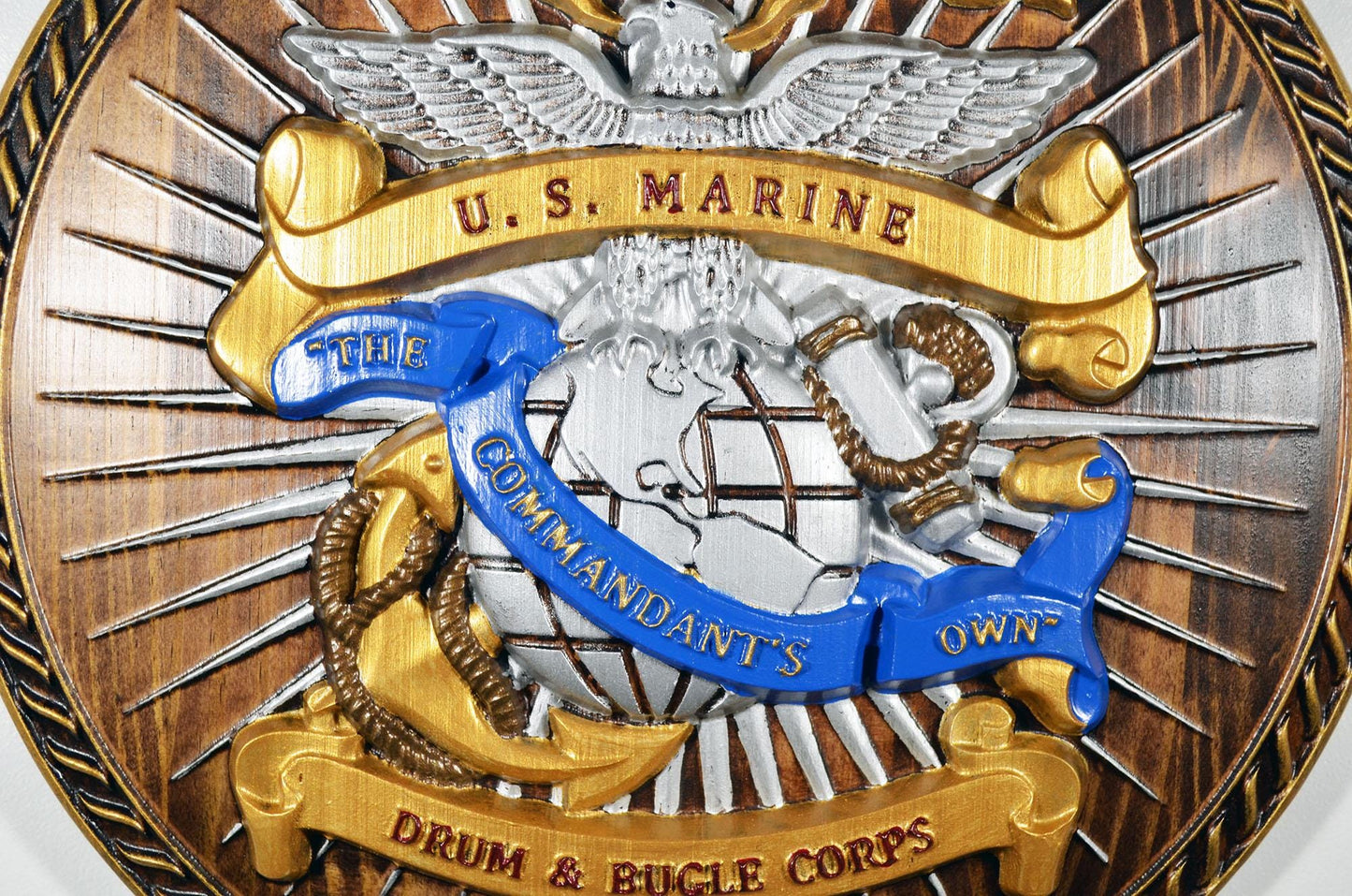 USMC Drum & Bugle Corps, Java Painted 3d wood carving, military plaque