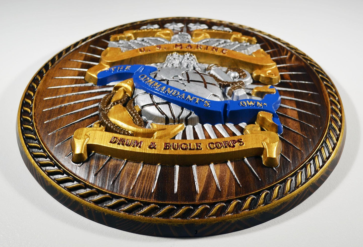 USMC Drum & Bugle Corps, Java Painted 3d wood carving, military plaque