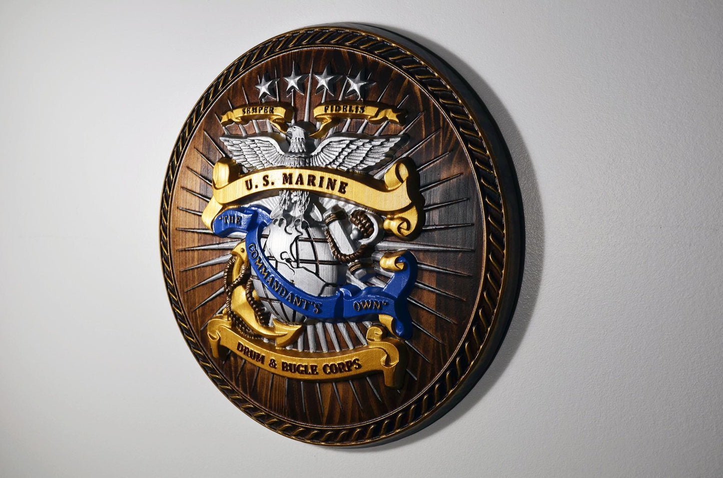 USMC Drum & Bugle Corps, Java Painted 3d wood carving, military plaque