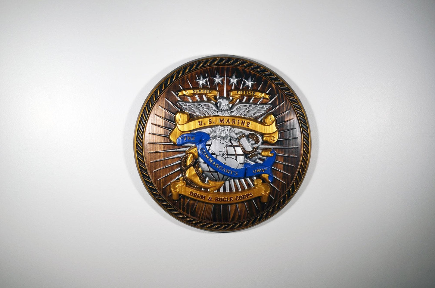 USMC Drum & Bugle Corps, Java Painted 3d wood carving, military plaque