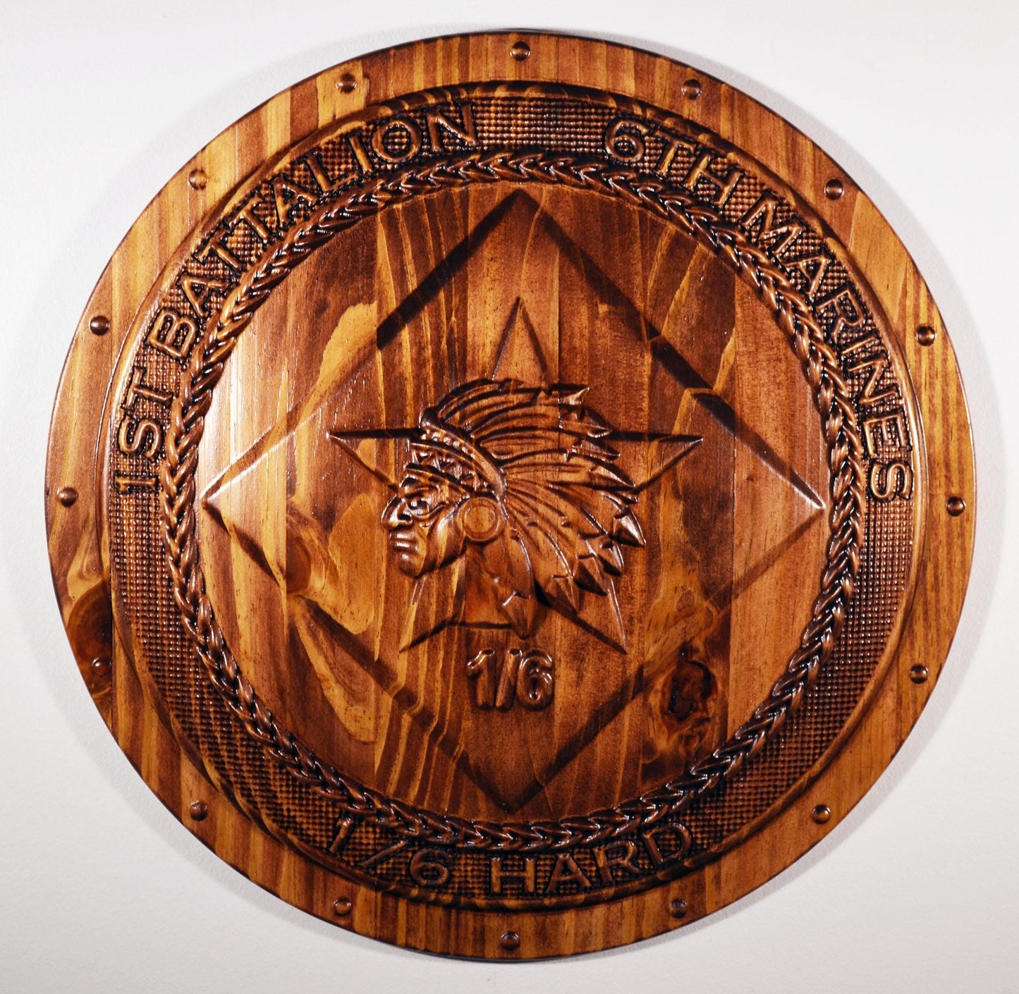 USMC 1st Battalion 6th Marines, USMC 1-6 Hard 3d wood carving stained, military plaque
