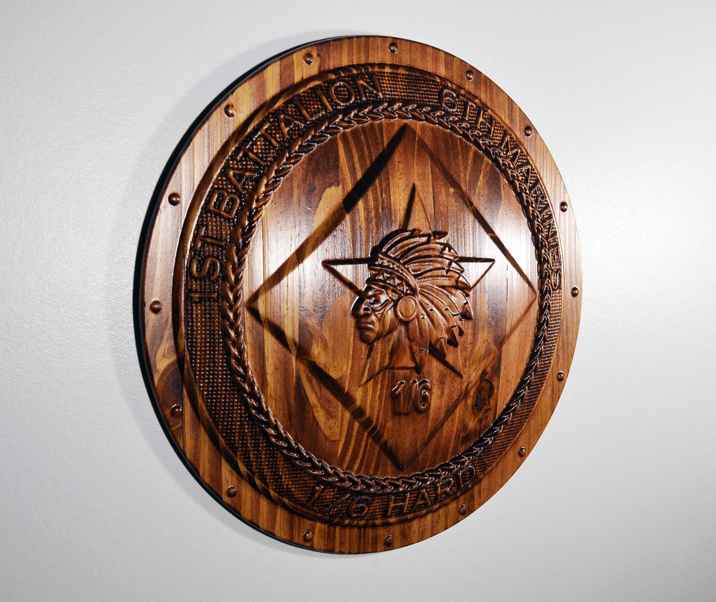 USMC 1st Battalion 6th Marines, USMC 1-6 Hard 3d wood carving stained, military plaque