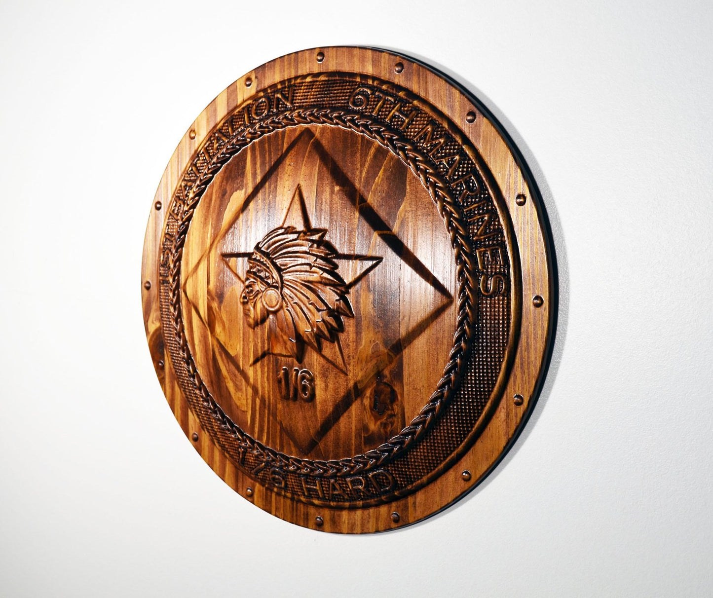 USMC 1st Battalion 6th Marines, USMC 1-6 Hard 3d wood carving stained, military plaque