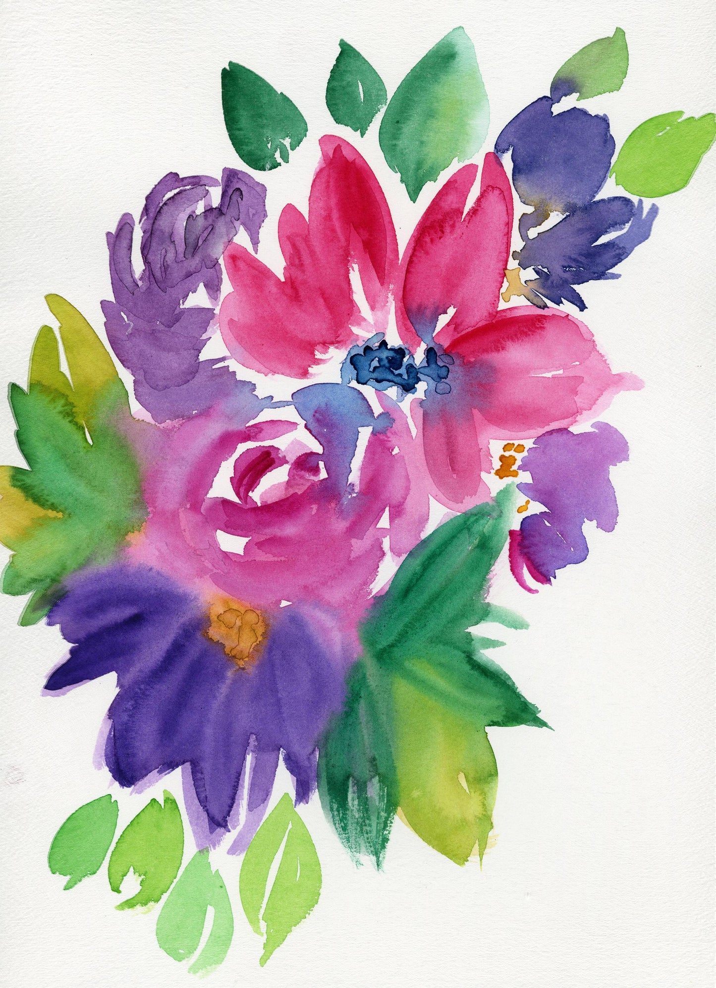 Magenta and purple flowers original hand painted watercolor painting 8x10, floral bouquet art, flower bouquet watercolor artwork