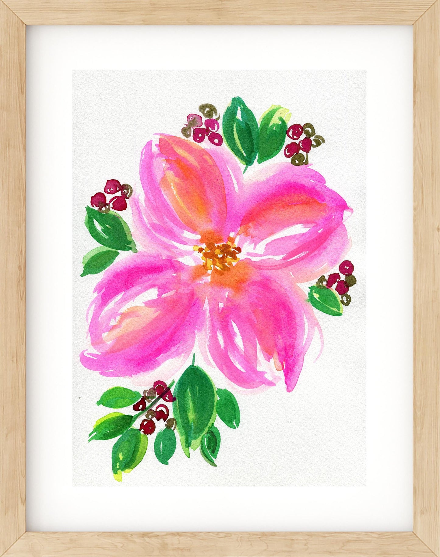Hot pink flower with red berries original hand painted watercolor painting 9x12, floral wall art, floral decor for living room