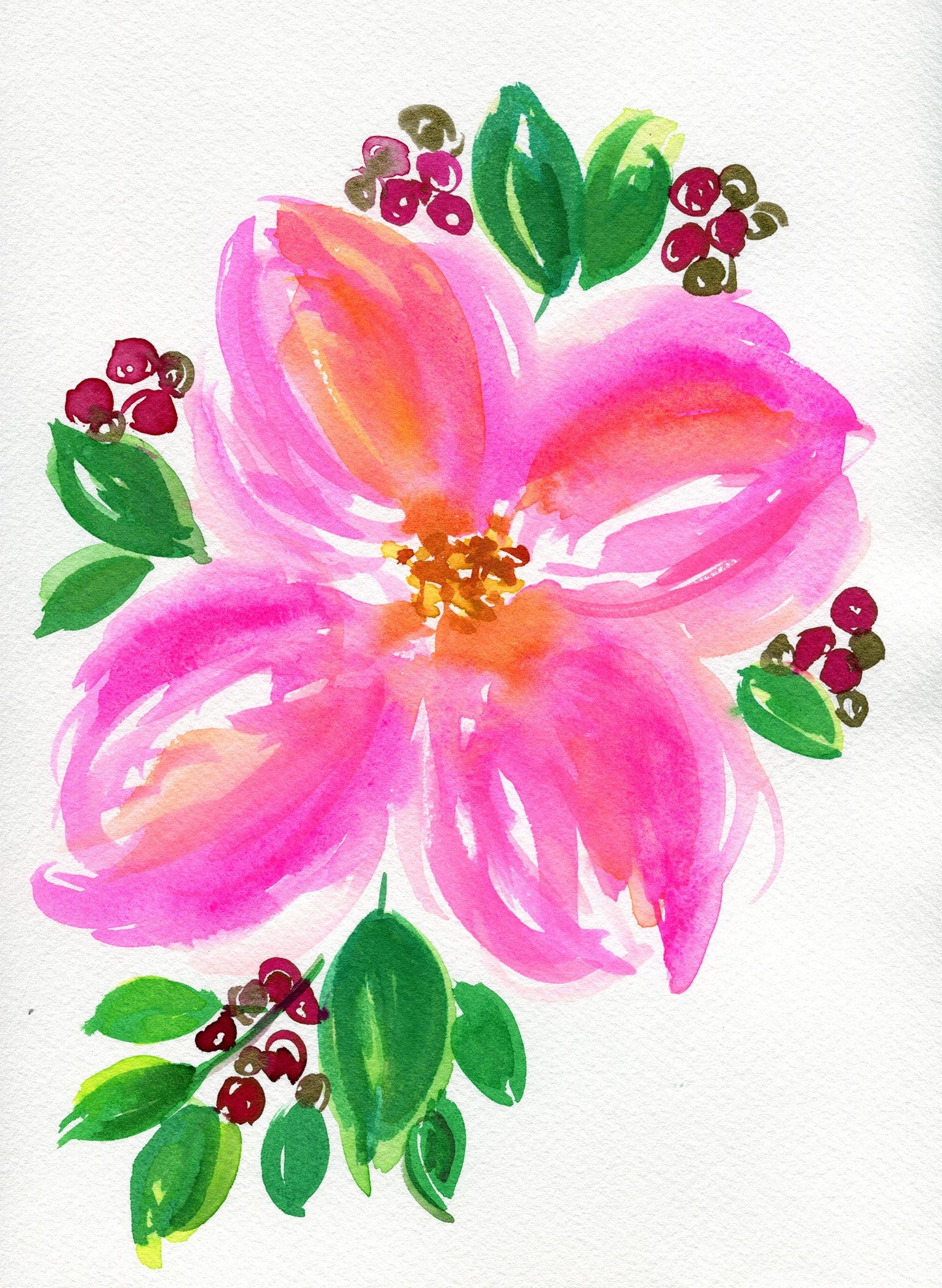 Hot pink flower with red berries original hand painted watercolor painting 9x12, floral wall art, floral decor for living room