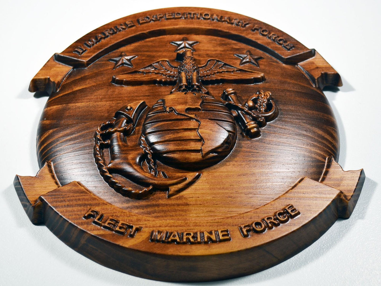 USMC II Marine Expeditionary Force, 12" stained 3d wood carving, military plaque