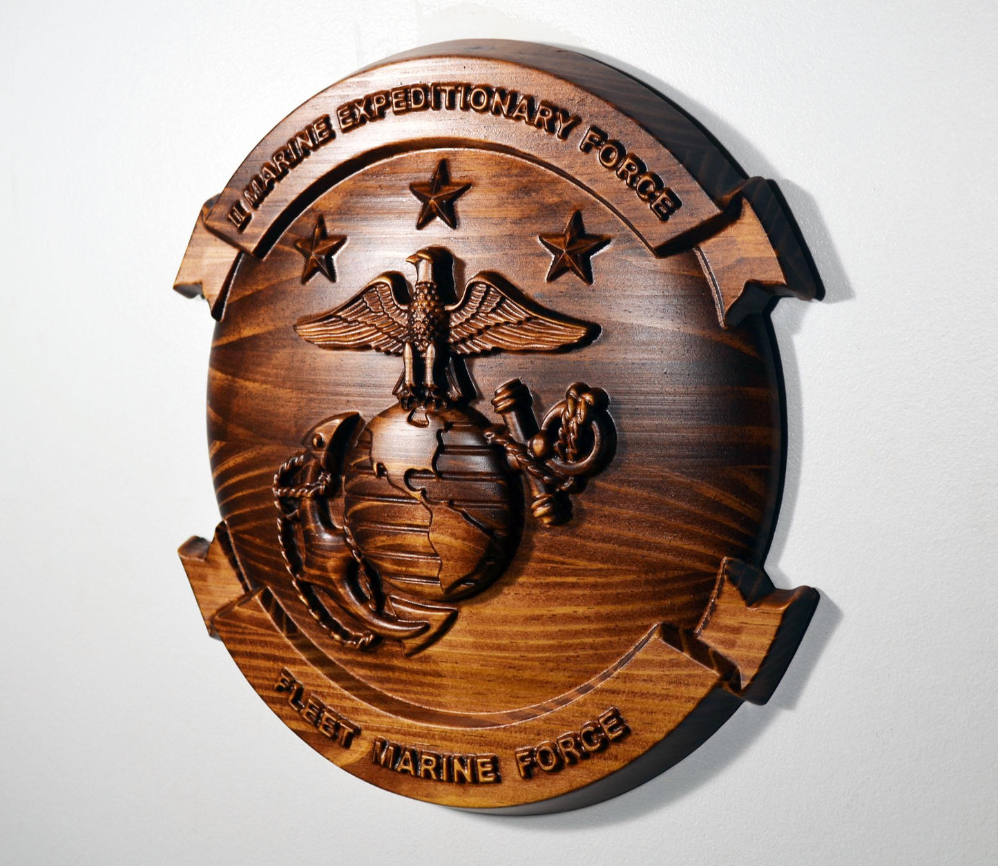 USMC II Marine Expeditionary Force, 12" stained 3d wood carving, military plaque