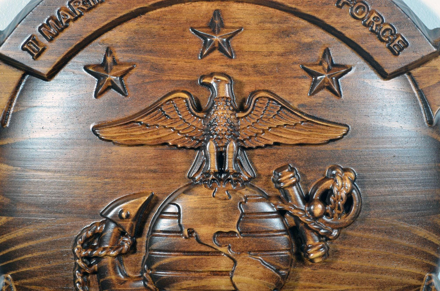 USMC II Marine Expeditionary Force, 12" stained 3d wood carving, military plaque