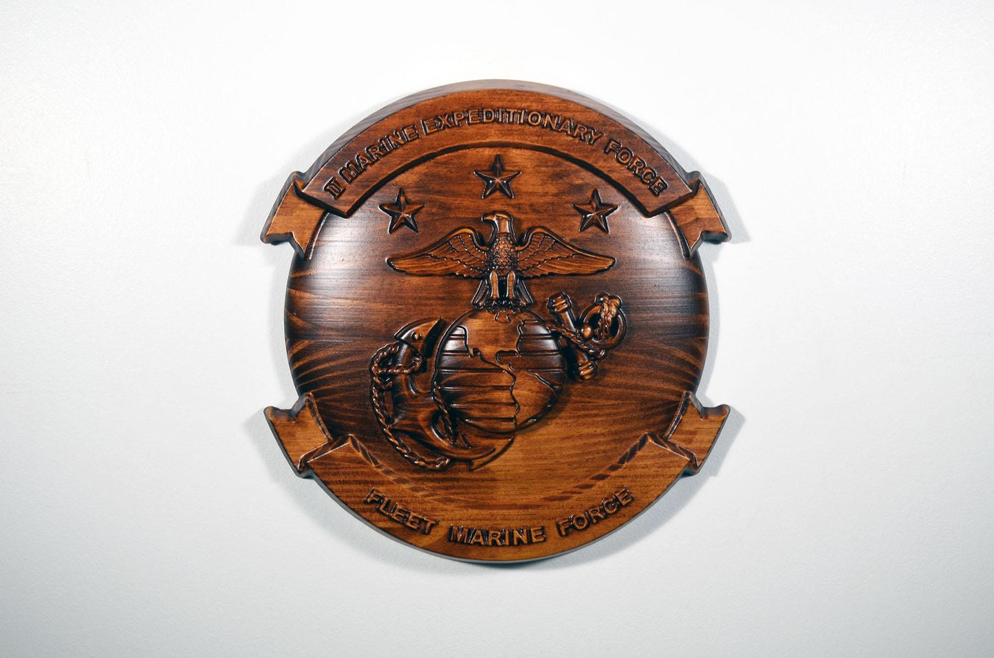 USMC II Marine Expeditionary Force, 12" stained 3d wood carving, military plaque