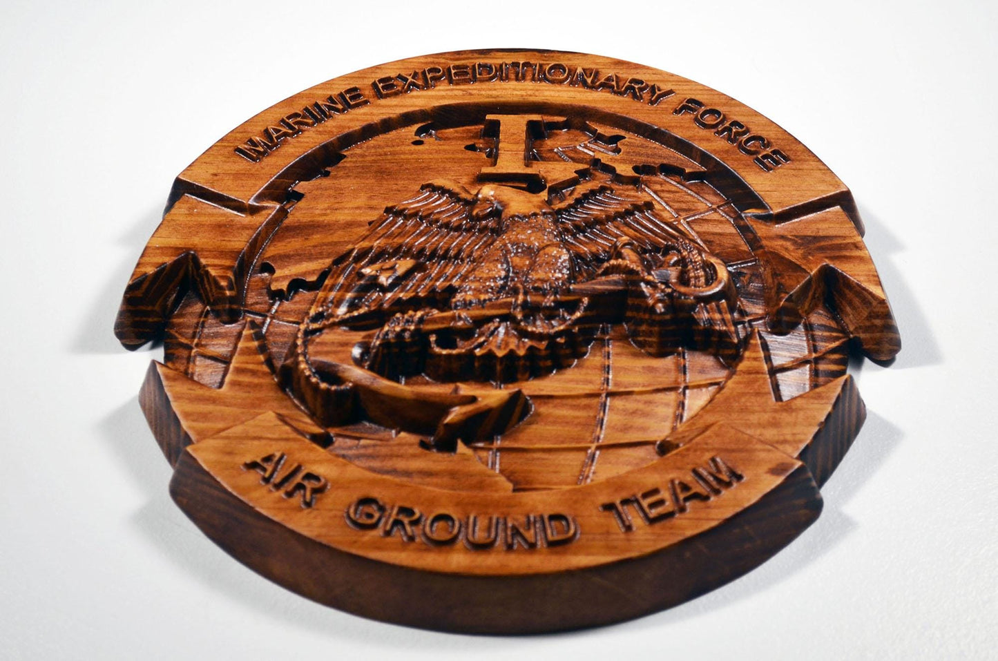USMC I Marine Expeditionary Force, 12" stained 3d wood carving, military plaque