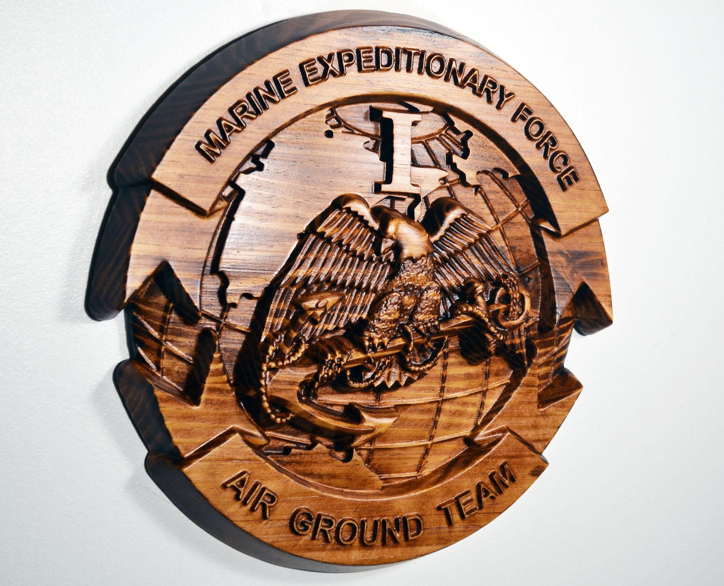 USMC I Marine Expeditionary Force, 12" stained 3d wood carving, military plaque