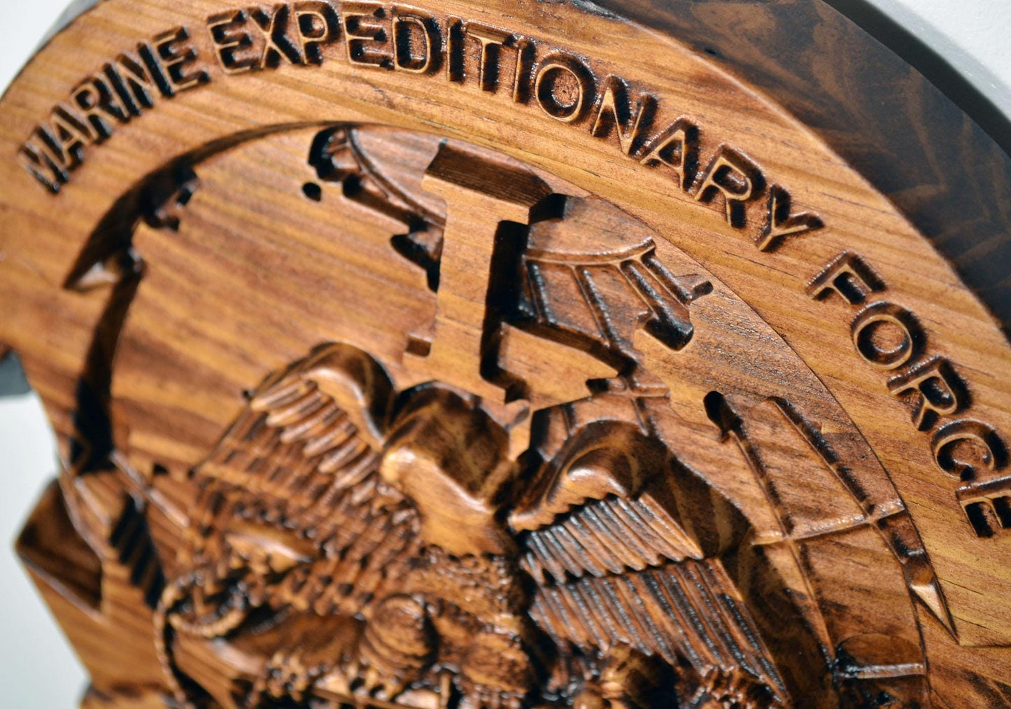USMC I Marine Expeditionary Force, 12" stained 3d wood carving, military plaque