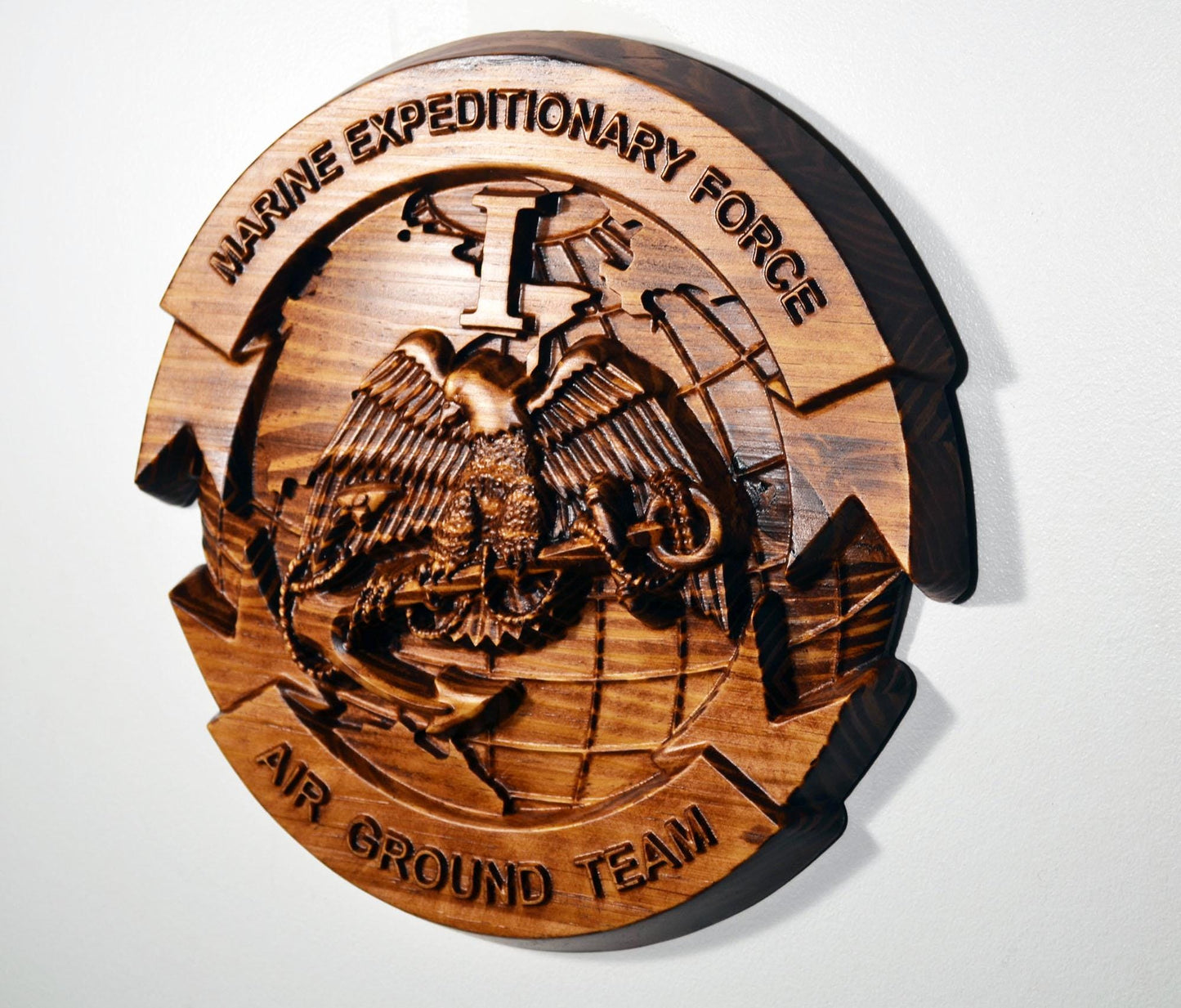 USMC I Marine Expeditionary Force, 12" stained 3d wood carving, military plaque