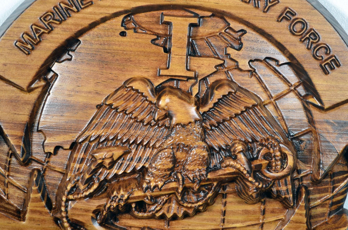 USMC I Marine Expeditionary Force, 12" stained 3d wood carving, military plaque